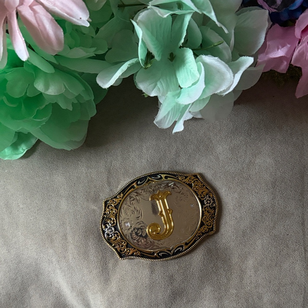 Gold and Black Monogrammed Belt Buckle
